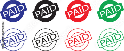 Paid stamp vectors texture design flat and line icons Set for many purposes. Rubber cliche imprint. Stencil business illustration, payment money fee, bank invoice office fee on transparent background.
