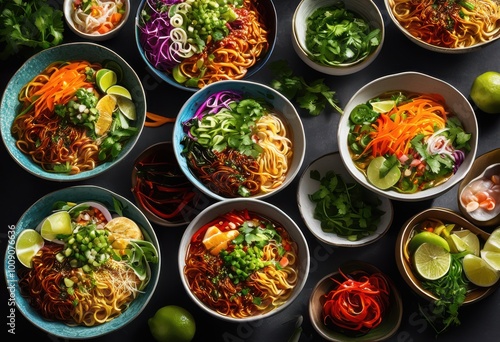 close vibrant colorful noodle dishes bowls showcasing diverse ingredients textures, noodles, vegetable, spices, herbs, sauce, asian, meal, entree, parsley