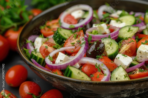 A colorful Greek salad with tomatoes, cucumbers, red onions, Kalamata olives, feta cheese, and a sprinkling of oregano.