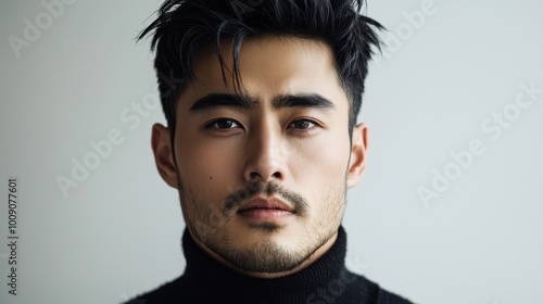 Stylish Asian Man in Black Turtleneck