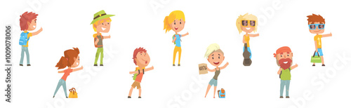 People Character Hitchhiking Standing with Backpack Catch Car Vector Set