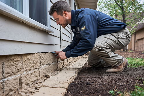 Man inspecting and repairing home foundation cracks near the exterior wall to prevent structural damage photo