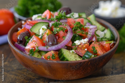 A colorful Greek salad with tomatoes, cucumbers, red onions, Kalamata olives, feta cheese, and a sprinkling of oregano.