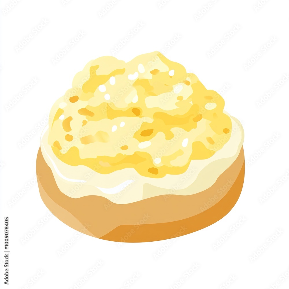 A biscuit topped with a creamy, scrambled egg mixture. A biscuit topped with a creamy, scrambled egg mixture.
