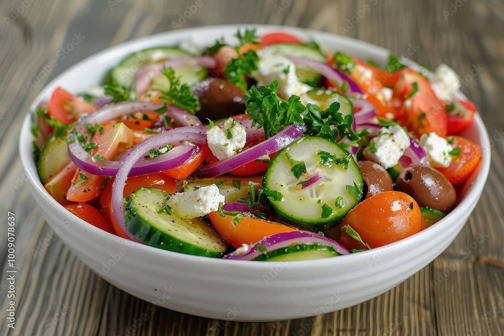 A colorful Greek salad with tomatoes, cucumbers, red onions, Kalamata olives, feta cheese, and a sprinkling of oregano. A colorful Greek salad with tomatoes, cucumbers, red onions, Kalamata olives, feta cheese, and a sprinkling of oregano.
