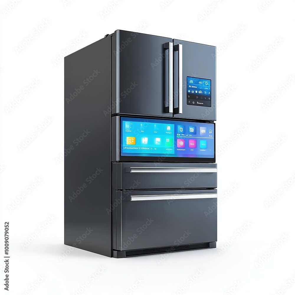 A modern smart refrigerator with touchscreen controls and multiple compartments. A modern smart refrigerator with touchscreen controls and multiple compartments.