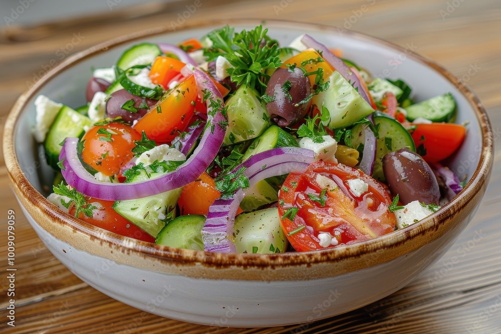 A colorful Greek salad with tomatoes, cucumbers, red onions, Kalamata olives, feta cheese, and a sprinkling of oregano. A colorful Greek salad with tomatoes, cucumbers, red onions, Kalamata olives, feta cheese, and a sprinkling of oregano.