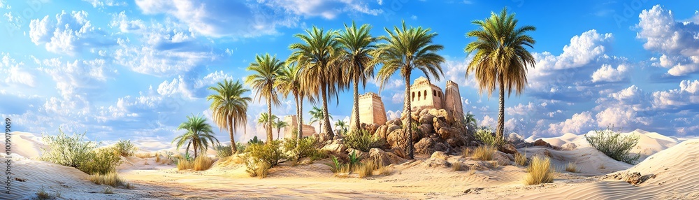 Scenic desert oasis with palm trees and ancient ruins under a bright blue sky with clouds, exuding tranquility and historical charm. Scenic desert oasis with palm trees and ancient ruins under a bright blue sky with clouds, exuding tranquility and historical charm.