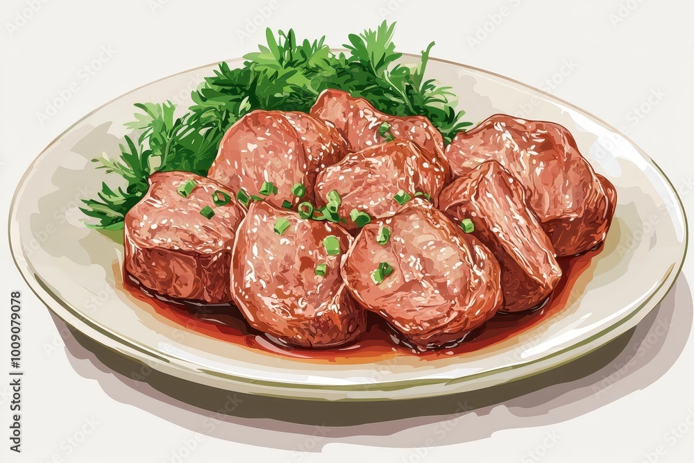 Illustration of meatball dish served on a plate, garnished with fresh herbs, perfect for any culinary setting. Illustration of meatball dish served on a plate, garnished with fresh herbs, perfect for any culinary setting.