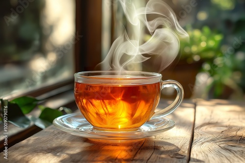 Steam rises from a freshly brewed cup of coffee on a rustic wooden table near sunlight streaming through a window, creating a warm and inviting atmosphere