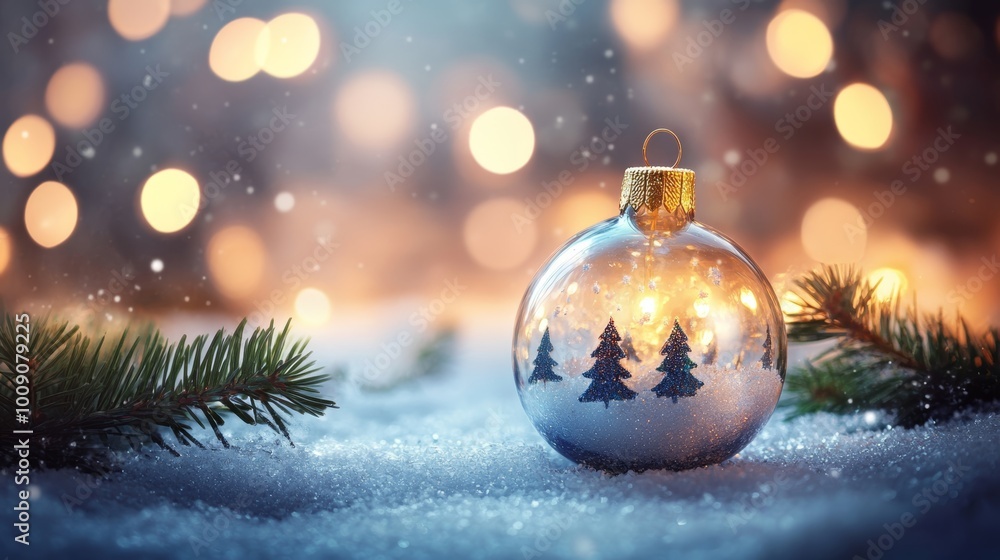 Merry Christmas and Happy New Year. Glass Christmas ornament ball with miniature snow and trees inside, Xmas lights background Merry Christmas and Happy New Year. Glass Christmas ornament ball with miniature snow and trees inside, Xmas lights background