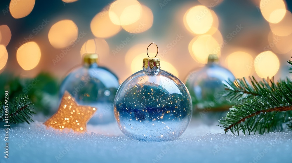 Merry Christmas and Happy New Year. Glass Christmas ornament ball with miniature snow and trees inside, Xmas lights background Merry Christmas and Happy New Year. Glass Christmas ornament ball with miniature snow and trees inside, Xmas lights background