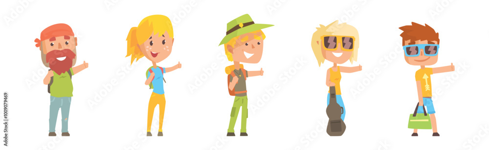 People Character Hitchhiking Standing with Backpack Catch Car Vector Set People Character Hitchhiking Standing with Backpack Catch Car Vector Set
