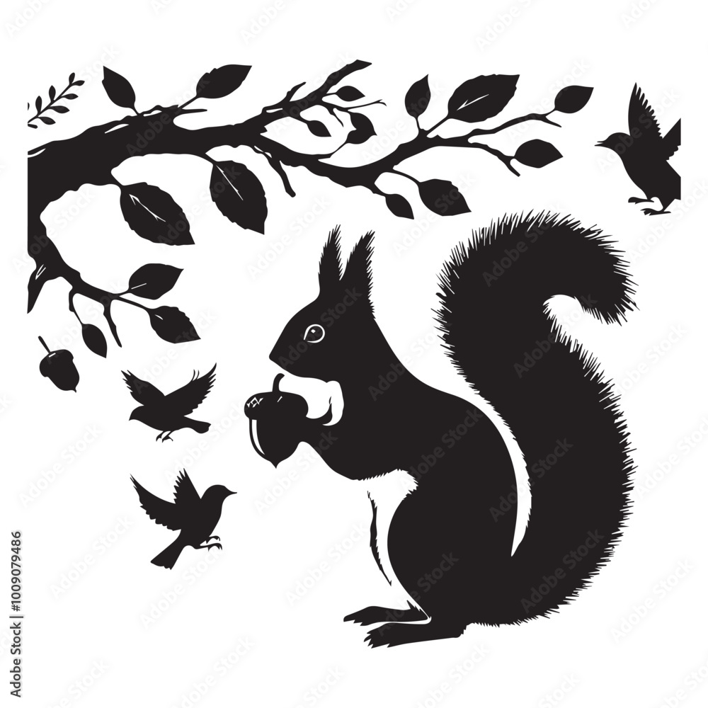 Naklejka premium squirrel on a tree branch black silhouette on white background vector art