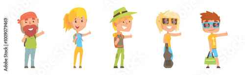 People Character Hitchhiking Standing with Backpack Catch Car Vector Set