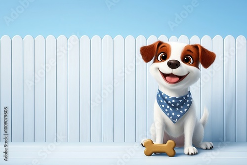 Adorable cartoon dog with a blue scarf, sitting happily with a bone. photo