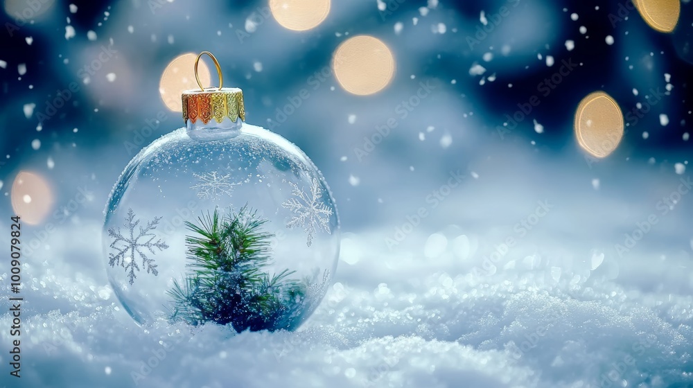 Merry Christmas and Happy New Year. Glass Christmas ornament ball with miniature snow and trees inside, Xmas lights background Merry Christmas and Happy New Year. Glass Christmas ornament ball with miniature snow and trees inside, Xmas lights background