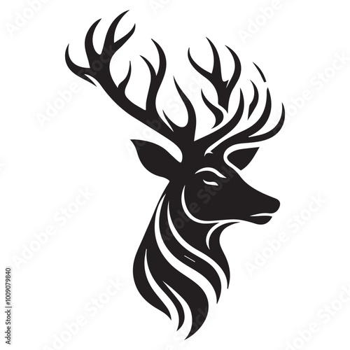 Black silhouette of a deer. Big horns wild animal. Simple black silhouette graphic. Cartoon style. Vector illustration on white isolated background