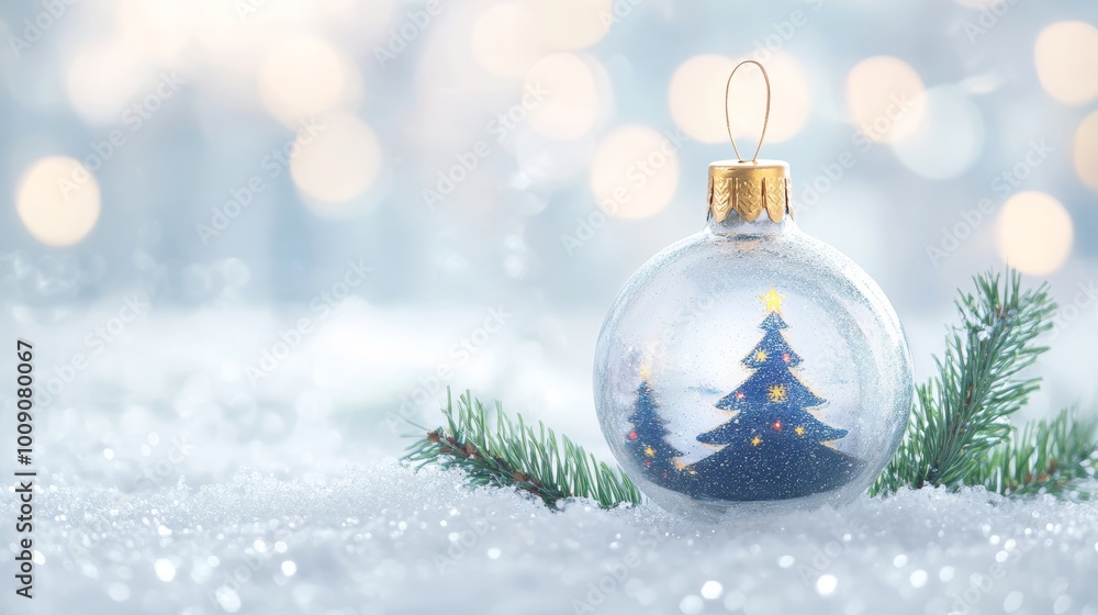 Merry Christmas and Happy New Year. Glass Christmas ornament ball with miniature snow and trees inside, Xmas lights background Merry Christmas and Happy New Year. Glass Christmas ornament ball with miniature snow and trees inside, Xmas lights background