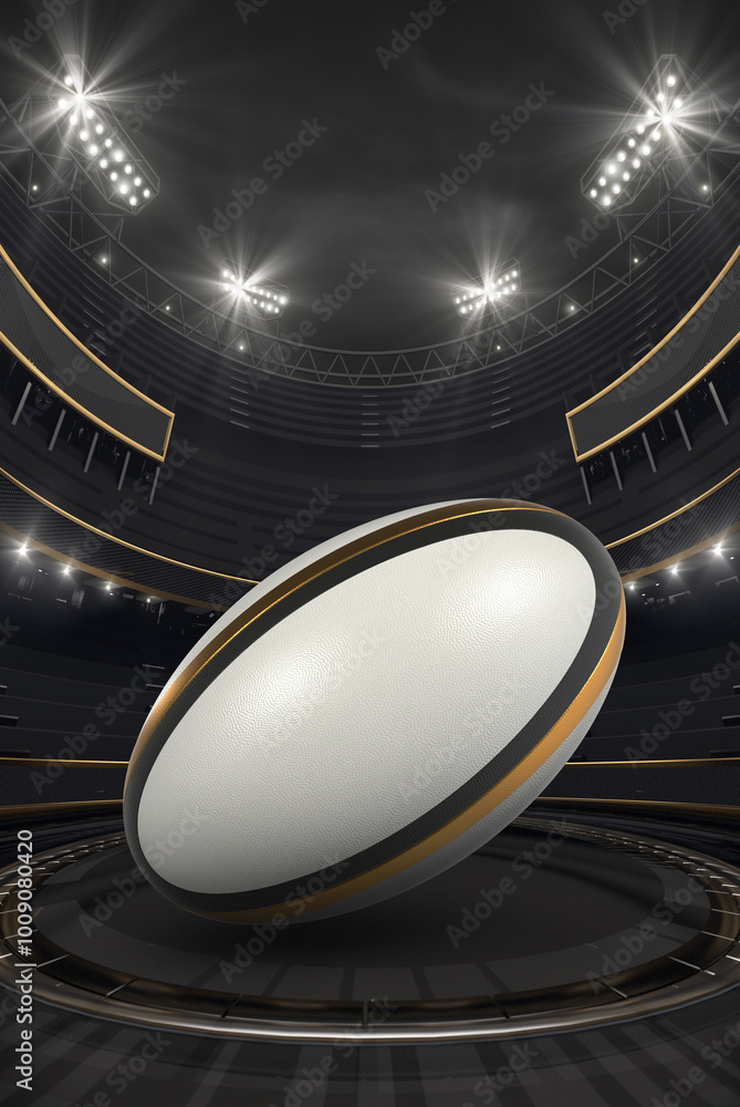 Golden sport arena of champions with rugby ball ready to play. Professional 3D illustration for sport event advertisement. Golden sport arena of champions with rugby ball ready to play. Professional 3D illustration for sport event advertisement.