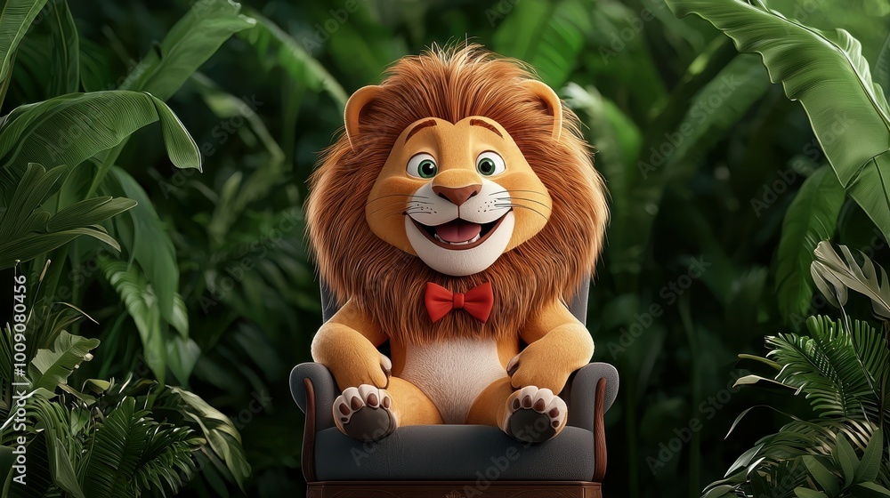 Cheerful cartoon lion character sitting in a chair surrounded by lush greenery. Cheerful cartoon lion character sitting in a chair surrounded by lush greenery.