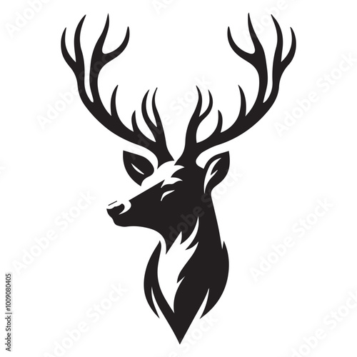 Black silhouette of a deer face. Big horns wild animal. Simple black silhouette graphic. Cartoon style. Vector illustration on white isolated background