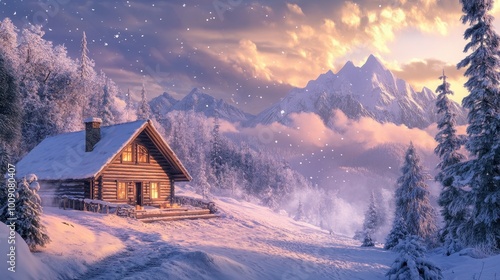 Snowy Mountain Log Cabin in Winter Wonderland Landscape