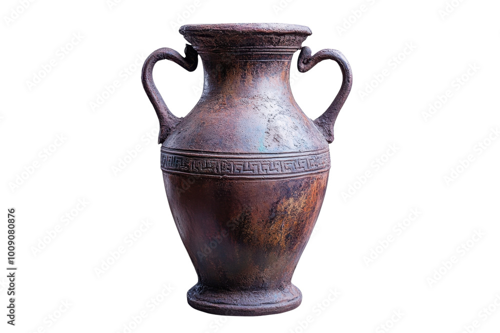 Ancient decorative pottery vase with intricate designs, isolated on white background. Ancient decorative pottery vase with intricate designs, isolated on white background.