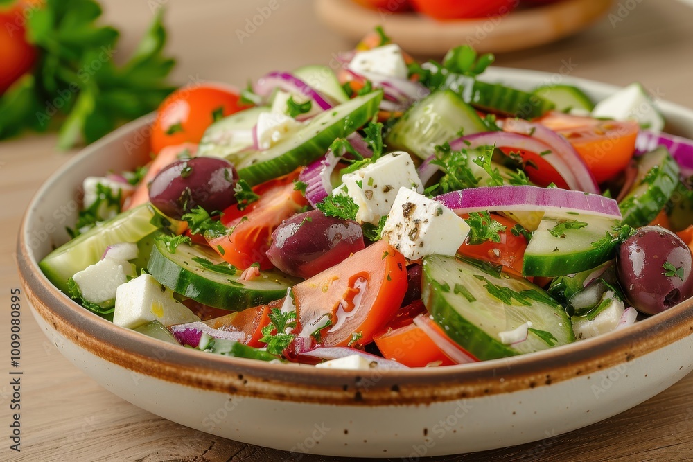 A colorful Greek salad with tomatoes, cucumbers, red onions, Kalamata olives, feta cheese, and a sprinkling of oregano. A colorful Greek salad with tomatoes, cucumbers, red onions, Kalamata olives, feta cheese, and a sprinkling of oregano.