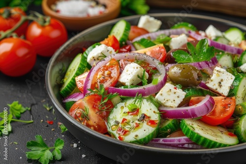 A colorful Greek salad with tomatoes, cucumbers, red onions, Kalamata olives, feta cheese, and a sprinkling of oregano.