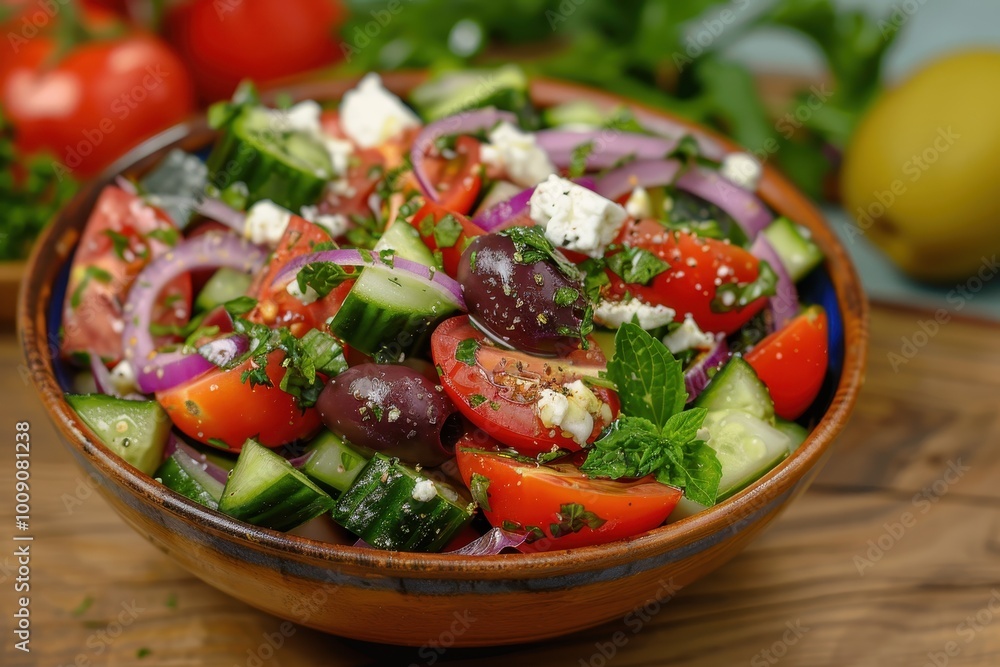 A colorful Greek salad with tomatoes, cucumbers, red onions, Kalamata olives, feta cheese, and a sprinkling of oregano. A colorful Greek salad with tomatoes, cucumbers, red onions, Kalamata olives, feta cheese, and a sprinkling of oregano.