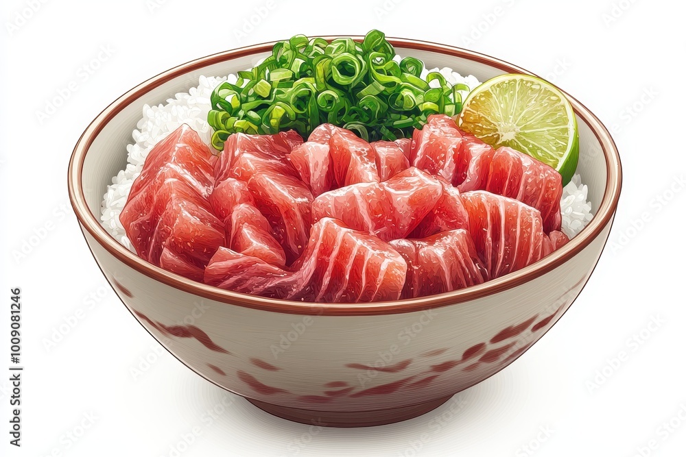 illustration of Fresh sushi bowl featuring sliced tuna, rice, green onion, and lime, perfect for a vibrant dining experience. illustration of Fresh sushi bowl featuring sliced tuna, rice, green onion, and lime, perfect for a vibrant dining experience.