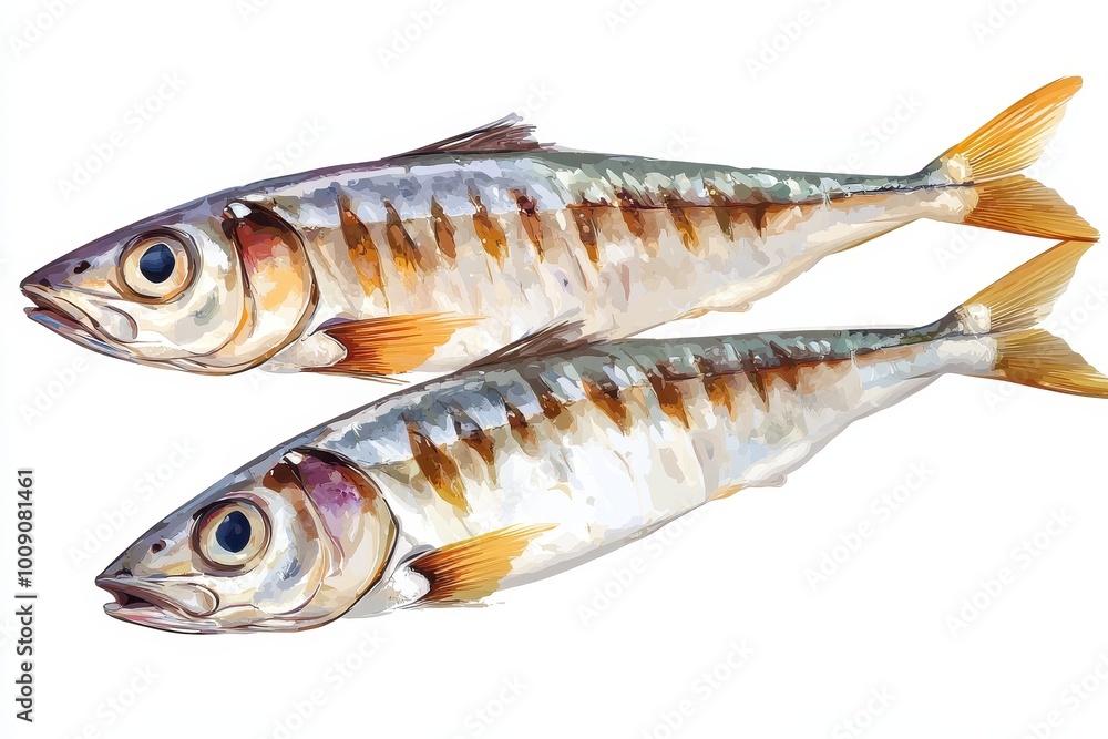illustration of Freshly caught raw fish on white background, showcasing vibrant colors and intricate details of the scales and fins. illustration of Freshly caught raw fish on white background, showcasing vibrant colors and intricate details of the scales and fins.