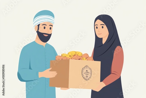 Volunteer with box of food for poor . Ramazan kolisi . Donation concept - generative ai photo