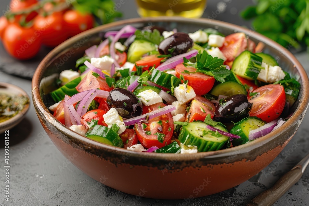 A colorful Greek salad with tomatoes, cucumbers, red onions, Kalamata olives, feta cheese, and a sprinkling of oregano. A colorful Greek salad with tomatoes, cucumbers, red onions, Kalamata olives, feta cheese, and a sprinkling of oregano.