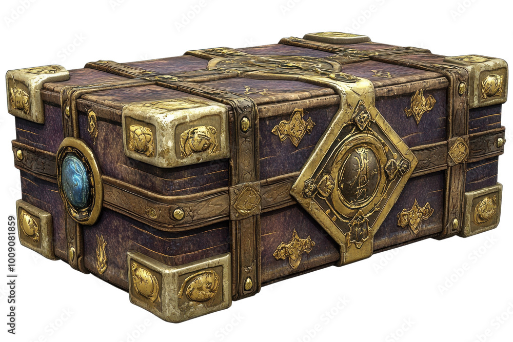 Obraz premium Vintage treasure chest with intricate details, showcasing a blend of artistry and craftsmanship on a white isolated background.