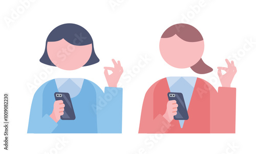 スマホを持つ女性　ハンドサイン