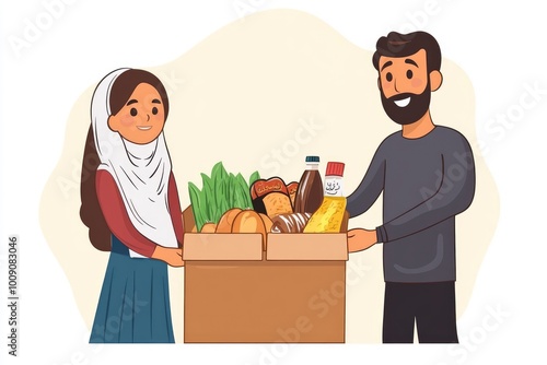 Volunteer with box of food for poor . Ramazan kolisi . Donation concept - generative ai photo