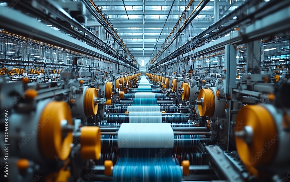 Textile Factory with Rows of Weaving Machines and Colorful Threads