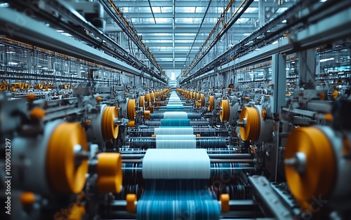 Obraz na płótnie Textile Factory with Rows of Weaving Machines and Colorful Threads w salonie