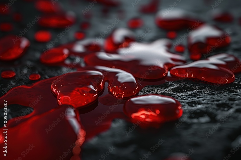 Dark surface with splatters of crimson liquid. Viscous fluid, red, rust-eaten, metallic texture. Grisly, sinister, blood-like ooze, droplets, streaks, smears. Bloodletting, transfusion, plasma, Dark surface with splatters of crimson liquid. Viscous fluid, red, rust-eaten, metallic texture. Grisly, sinister, blood-like ooze, droplets, streaks, smears. Bloodletting, transfusion, plasma,