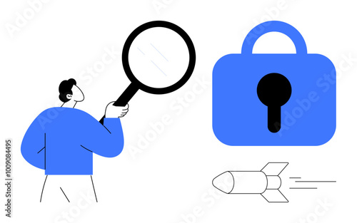 A person holding a magnifying glass inspects a large blue lock and a small rocket. Ideal for cybersecurity, data protection, research, security, technological advancements. Simple illustrated vector