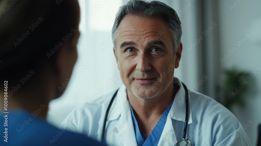 Surgeon discussing colorectal cancer treatment options with a patient. Surgeon discussing colorectal cancer treatment options with a patient.