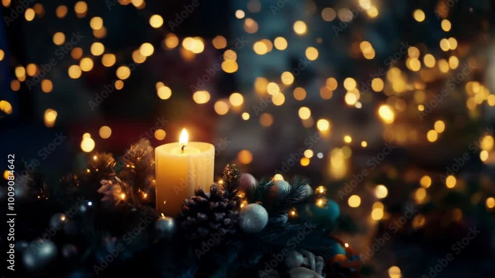 A beautifully lit christmas candle burns brightly, surrounded by enchanting sparkling bokeh lights. The warm glow creates a festive ambiance, perfect for holiday celebrations and winter gatherings.
A beautifully lit christmas candle burns brightly, surrounded by enchanting sparkling bokeh lights. The warm glow creates a festive ambiance, perfect for holiday celebrations and winter gatherings.
