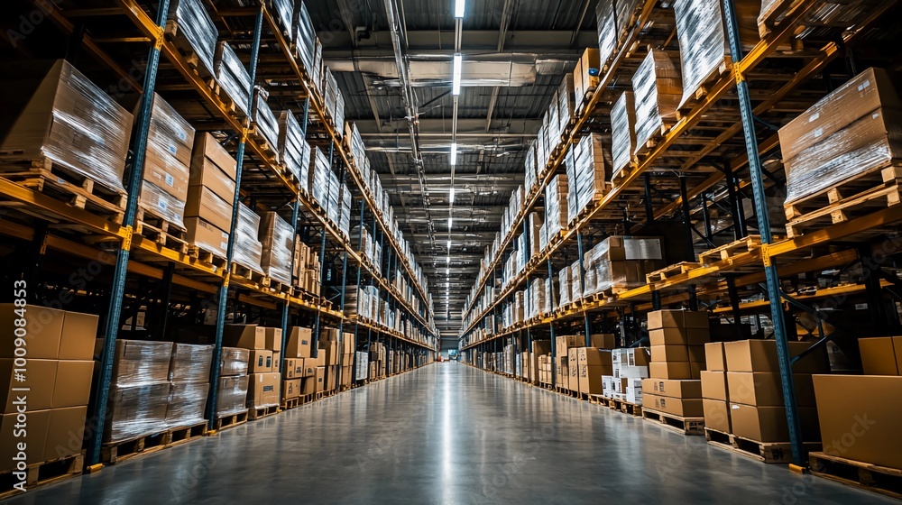 Wide-angle view of a large warehouse, tall shelves stocked with neatly organized cardboard boxes Wide-angle view of a large warehouse, tall shelves stocked with neatly organized cardboard boxes