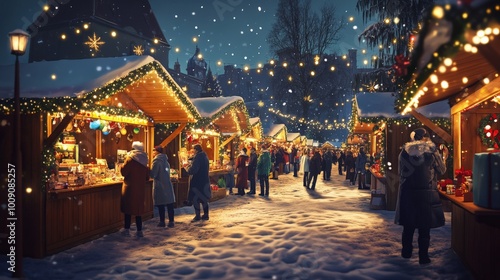 A beautiful winter night scene at a festive Christmas market with wooden stalls, twinkling lights, and snow-covered paths filled with people.