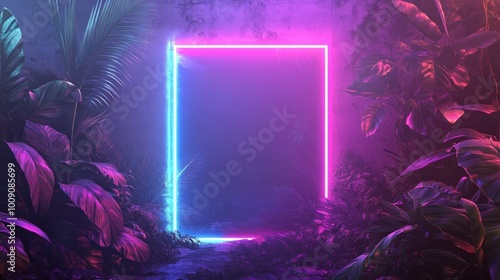 Glowing Neon Frame Surrounded by Tropical Foliage in a Purple and Blue Atmosphere