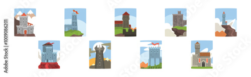 Stone Castle with Tower and Castellation Walls Vector Set
