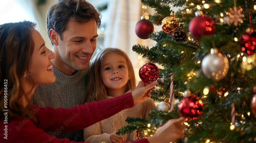 A joyful family decorating a Christmas tree together, celebrating the holiday spirit with love and festive decorations in a cozy living room. A joyful family decorating a Christmas tree together, celebrating the holiday spirit with love and festive decorations in a cozy living room.