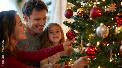 A joyful family decorating a Christmas tree together, celebrating the holiday spirit with love and festive decorations in a cozy living room.